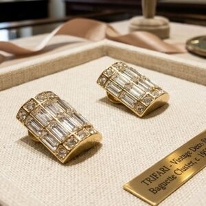 Trifari Gold-Tone Crystal Baguette Dome Earrings